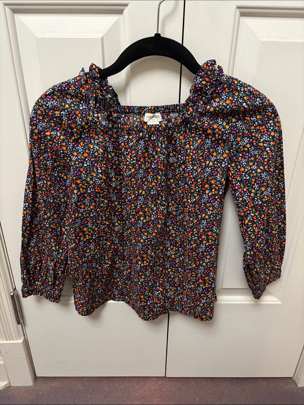 Crewcuts Navy Floral Ruffle-Neck Top with Orange, Pink & White Blooms